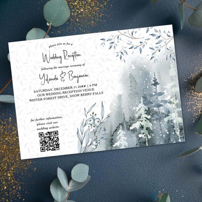 Convites Recepção de Casamento de Inverno na Floresta de Ne (Wedding Reception Invitation with qr code from the Snow Forest Wedding Collection by Darling & May)