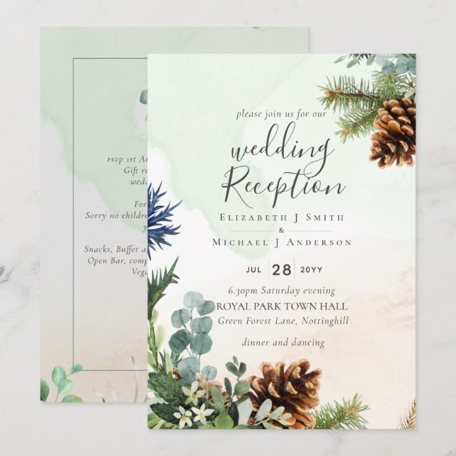 Convites Recepção de casamento de inverno verde apenas à no (Frente/Verso)