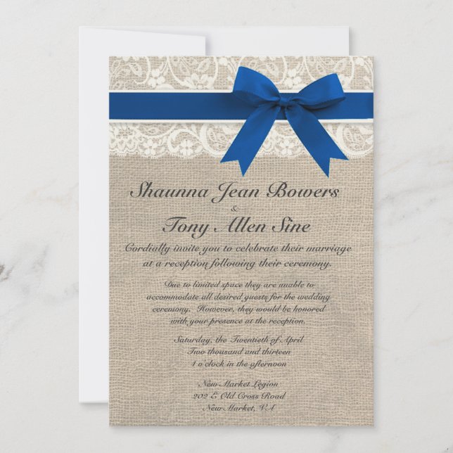 Convites Recepção de casamento de Ivory Lace Royal Blue Bur (Frente)
