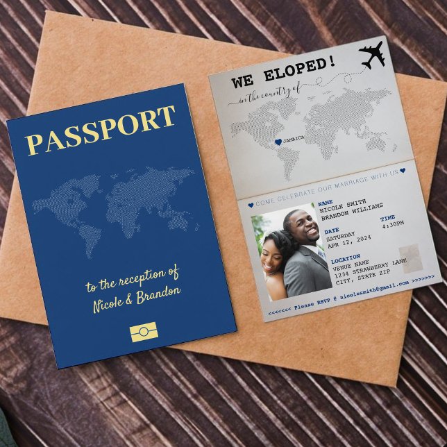 Convites Recepção de casamento de Passaporte Azul Elografad (Blue Passport Eloped Wedding Reception Invitation)