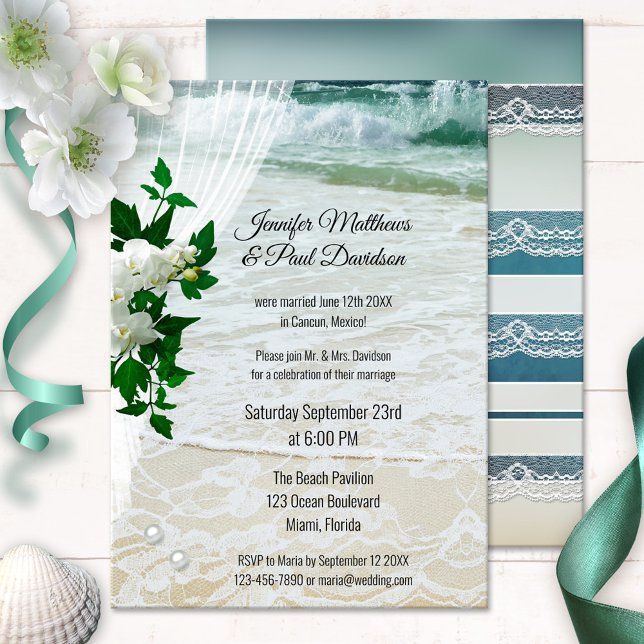 Convites Recepção de Casamento de Praia Floral Romântica da (After wedding invitation showing orchid flowers on a veil on a beach with lace and pearls)