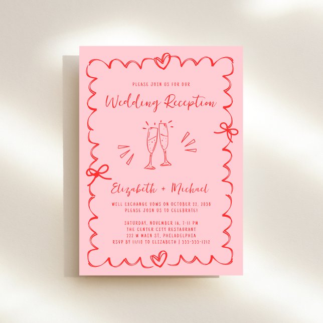 Convites Recepção de casamento de Quadro de Onda Vermelha C (Whimsical pink + red wedding reception invitation to set the tone for an unforgettable event)