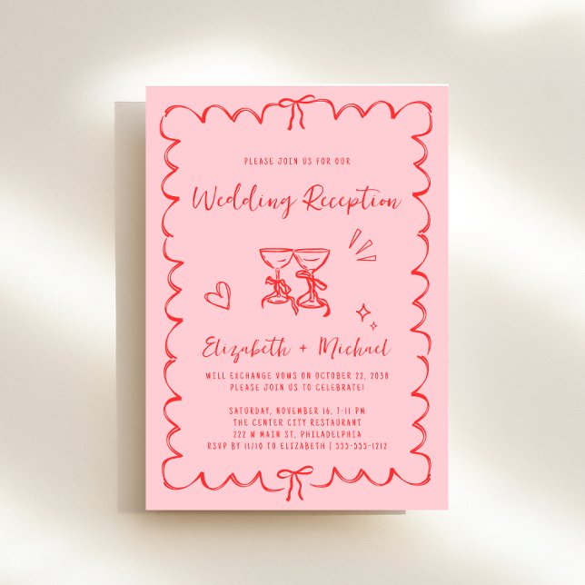 Convites Recepção de casamento de Quadro Wavy Desenhado à M (Whimsical pink + red engagement party invitation to set the tone for an unforgettable event)