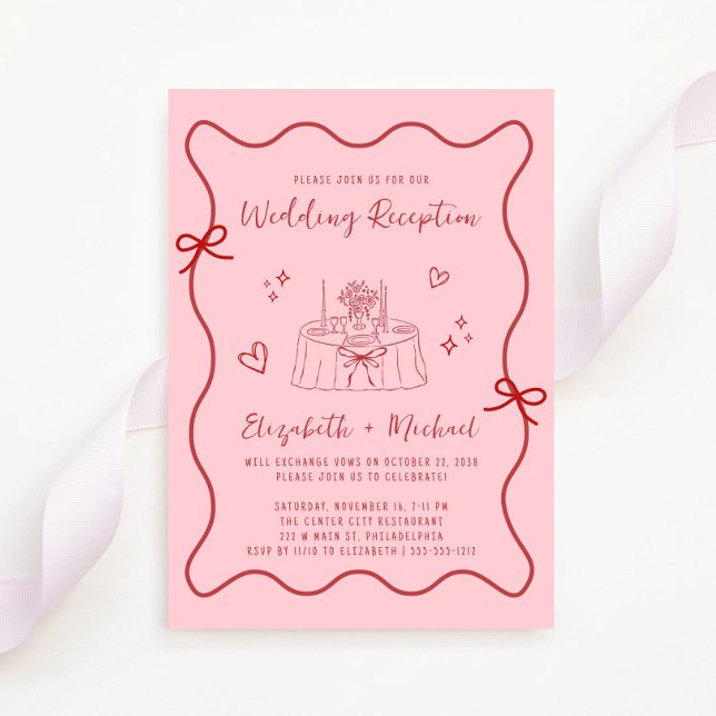 Convites Recepção de casamento de quadros vermelhos cor-de- (Fun reception invitation featuring a whimsical hand drawn wedding table with hearts + coquette bows)