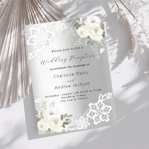 Convites Recepção de casamento de rendas brancas prateadas