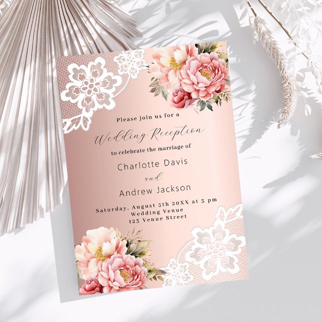 Convites recepção de casamento de rendas florais rosa rosa (Criador carregado)