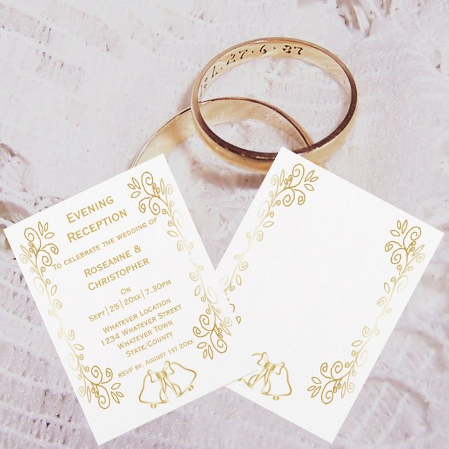 Convites Recepção de casamento de Rolagem de Beliscos Doura (Gold bells scrollwork wedding reception invite)