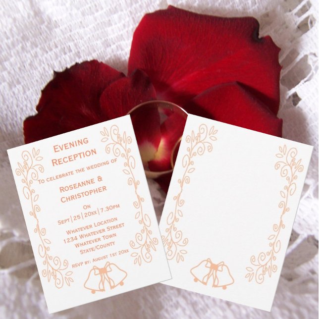 Convites Recepção de casamento de Rolagem de Belos de Pêsse (Peach wedding reception invitation bells and scrollwork design)