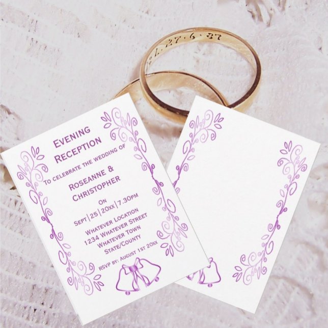 Convites Recepção de casamento de Rolagem de Belos Roxos (Purple wedding reception invitation bells and scrollwork design)