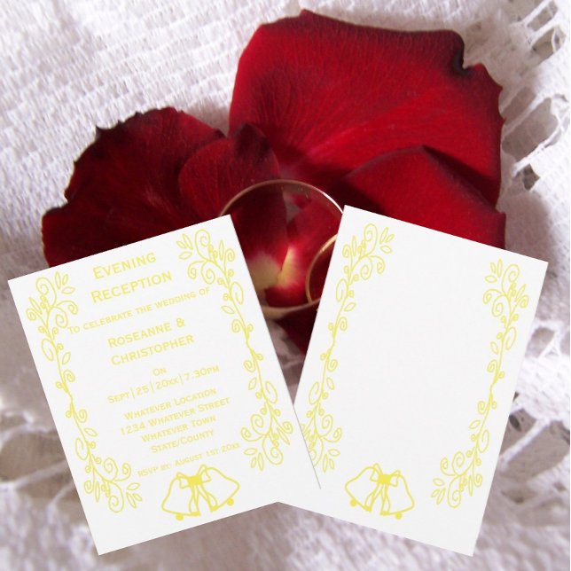 Convites Recepção de casamento de Rollwork de Lemon Bells (Yellow wedding reception invitation bells and scrollwork design)