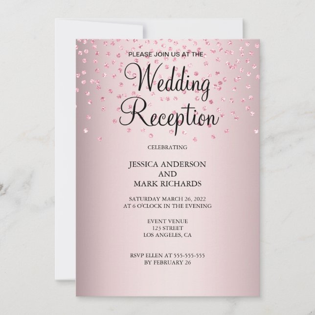 Convites Recepção de Casamento Elegante com Brilho Rosa (Frente)