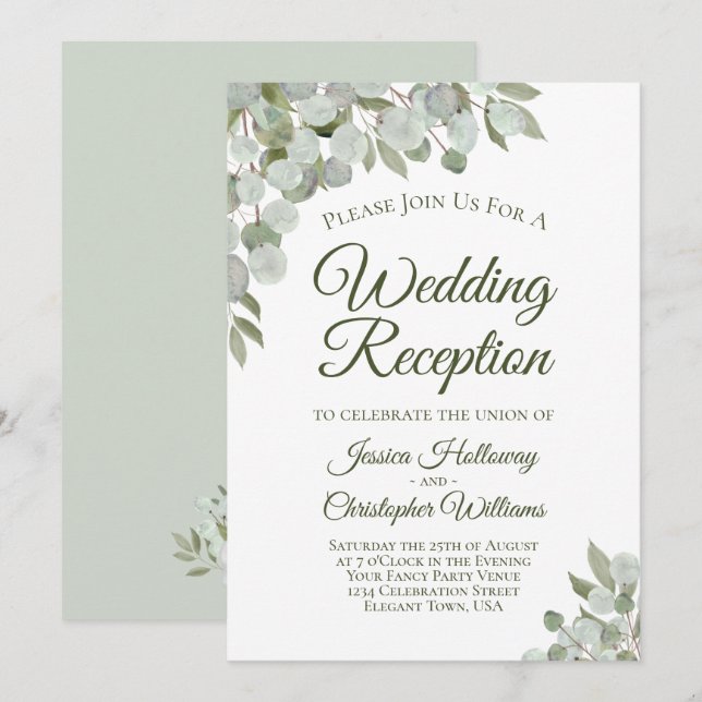 Convites Recepção de Casamento Elegante com Folhas de Eucal (Frente/Verso)