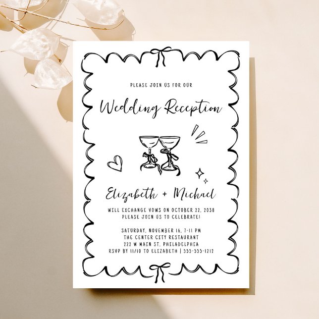 Convites Recepção de Casamento em Preto e Branco Desenhada  (Fun reception invitation featuring whimsical hand drawn wine glasses with hearts + coquette bows)