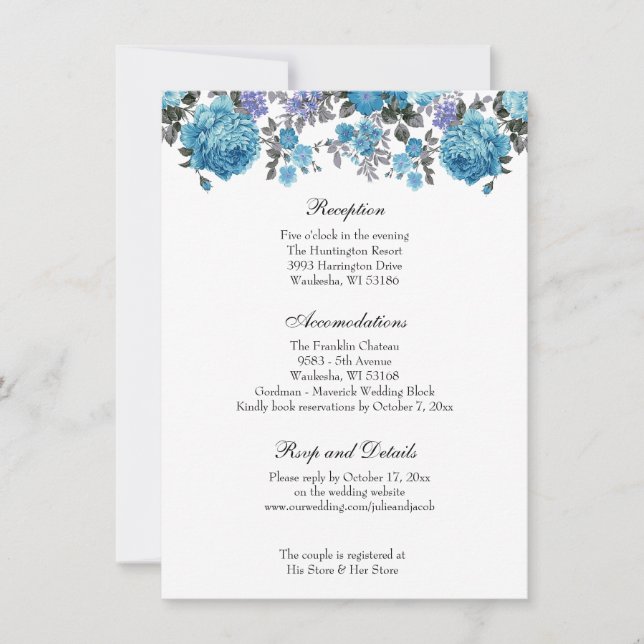 Convites Recepção de Casamento Floral Azul Clássico Elegant (Frente)