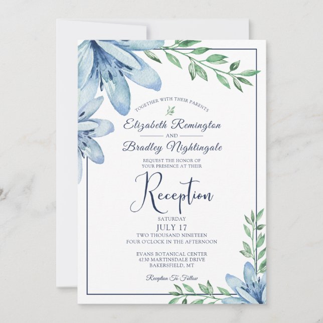 Convites Recepção de casamento Floral Azul de Aquarela (Frente)
