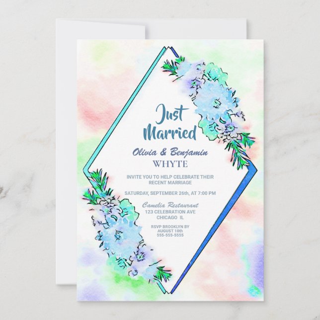 Convites Recepção de casamento Floral Azul recem casados (Frente)