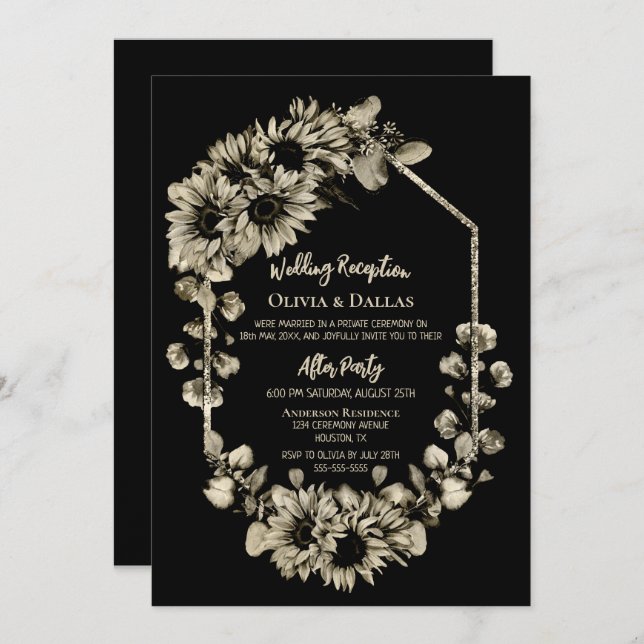 Convites Recepção de Casamento Floral de Girassol Preto (Frente/Verso)