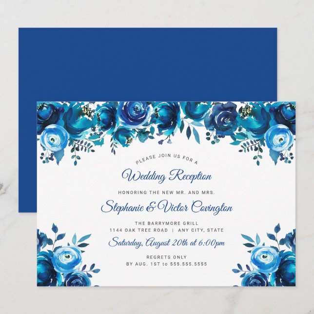 Convites Recepção de casamento floral em aquarela azul índi (Frente/Verso)
