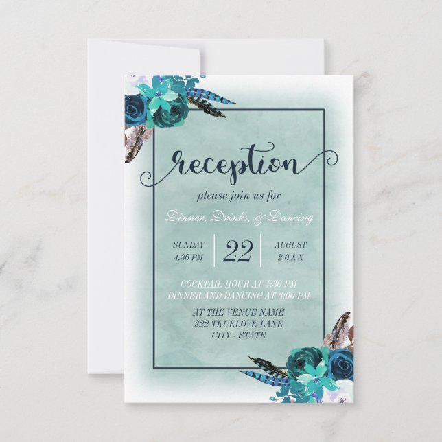 Convites Recepção de Casamento Floral em Aquarela Azul Mari (Frente)