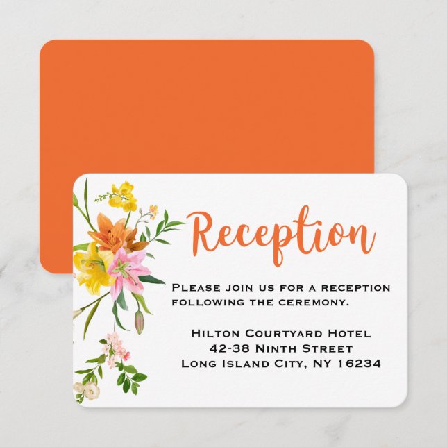 Convites Recepção de Casamento Floral Laranja Flores de Lír (Frente/Verso)