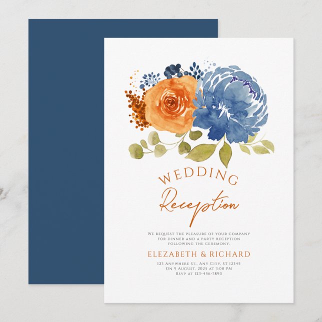 Convites Recepção de Casamento Floral Laranja Queimada Nava (Frente/Verso)