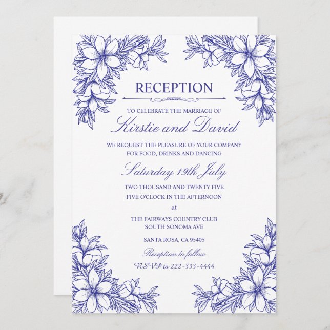 Convites Recepção de casamento Floral Ornamentado Azul (Frente/Verso)