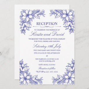 Convites Recepção de casamento Floral Ornamentado Azul