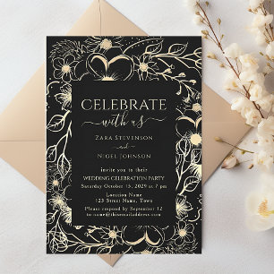 Convites Recepção de Casamento Floral Preto e Dourado