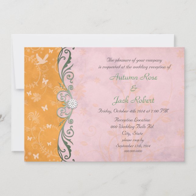 Convites Recepção de Casamento Floral Rosa e Laranja (Frente)