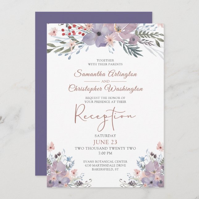 Convites Recepção de casamento Floral Roxo de Aquarela (Frente/Verso)