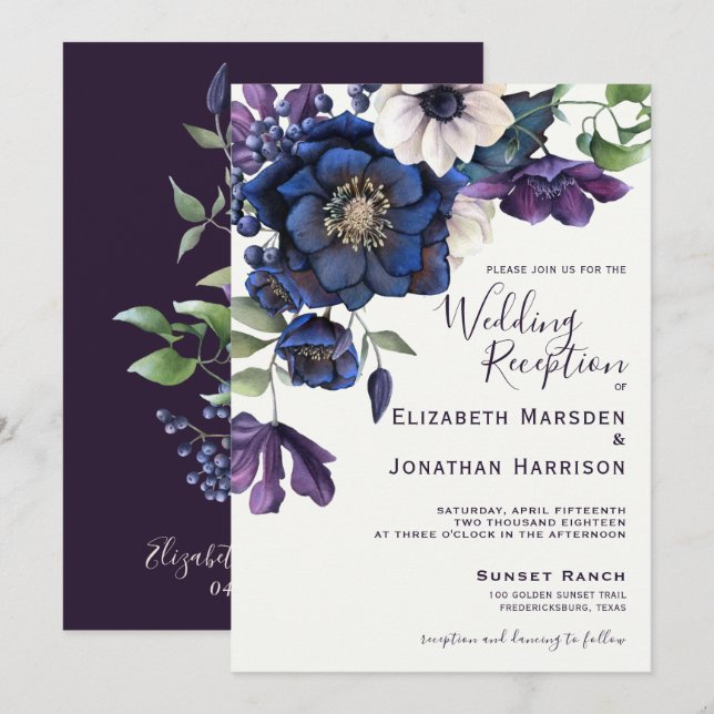 Convites Recepção de casamento Floral Roxo Elegante (Frente/Verso)