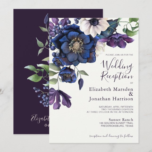 Convites Recepção de casamento Floral Roxo Elegante (Frente/Verso)