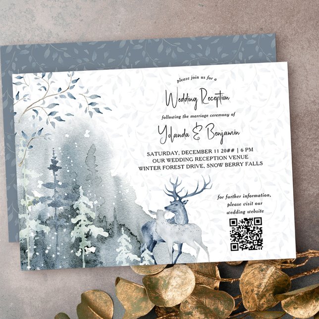 Convites Recepção de Casamento Floresta de Neve de Inverno  (Wedding Reception invitation with QR code from my Snow Forest Winter Wedding collection)