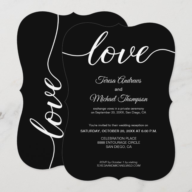 Convites Recepção de Casamento Fuga Elegante Preto Branco (Frente/Verso)