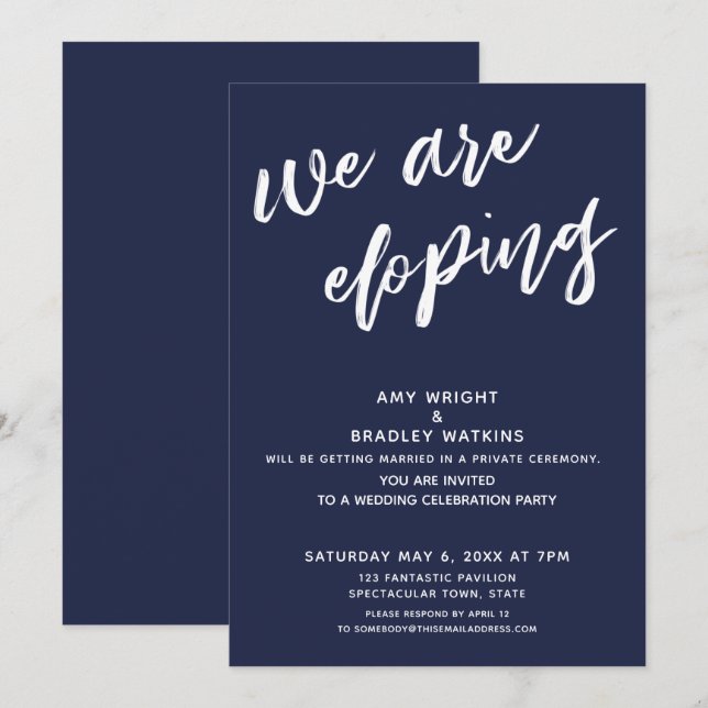 Convites Recepção de Casamento FUGINDO EM AZUL MARINHO MODE (Frente/Verso)