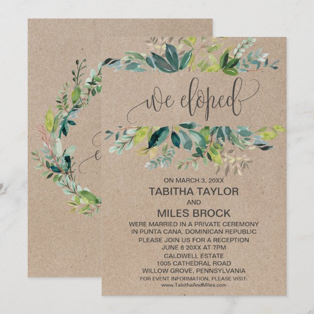 Convites Recepção de Casamento Furtivo com Folhagem Kraft (Frente/Verso)