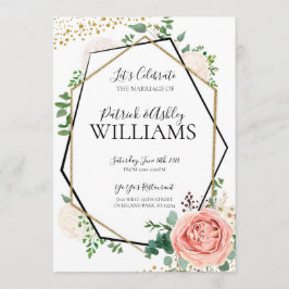 Convites Recepção de casamento Geométrica Dourada e Rosa Mo