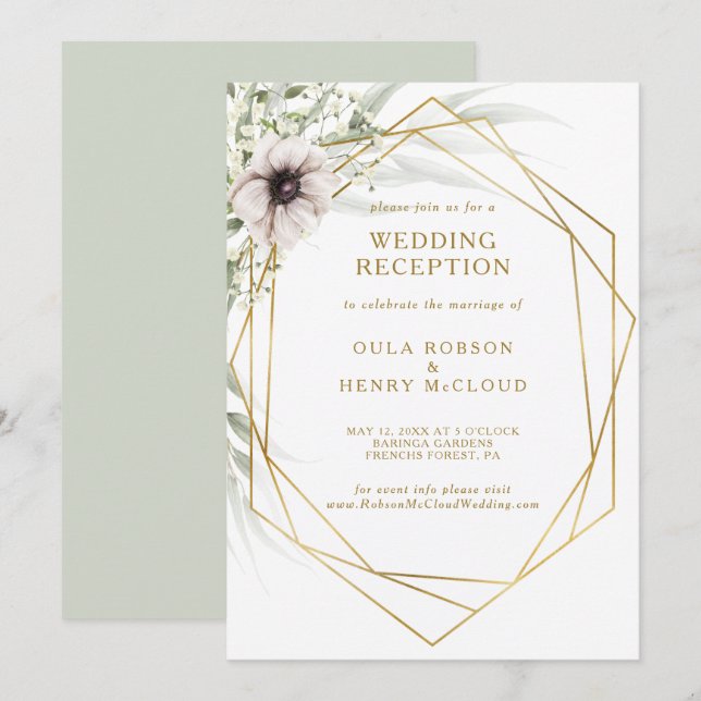 Convites Recepção de Casamento Geométrico Eucalipto Dourado (Frente/Verso)