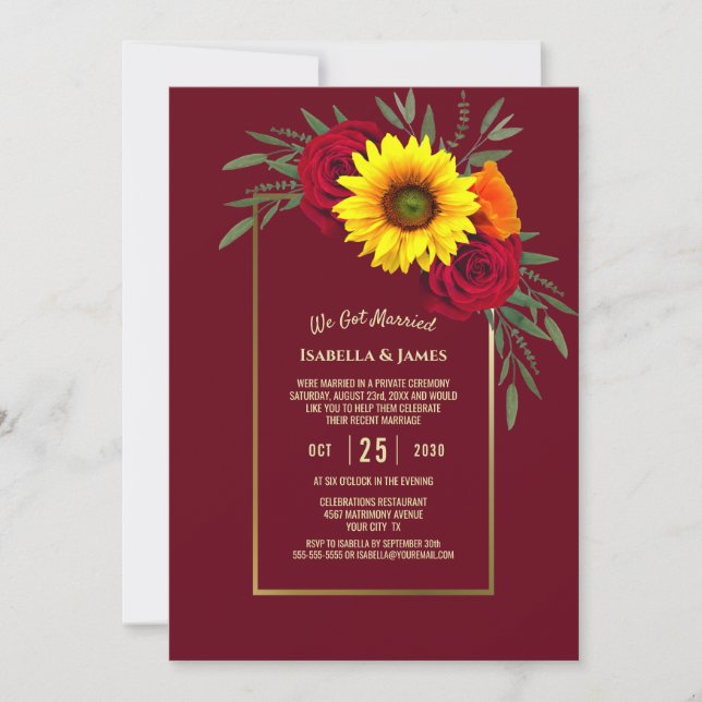 Convites Recepção de Casamento Girassol Dourado Borgonha Ro (Frente)
