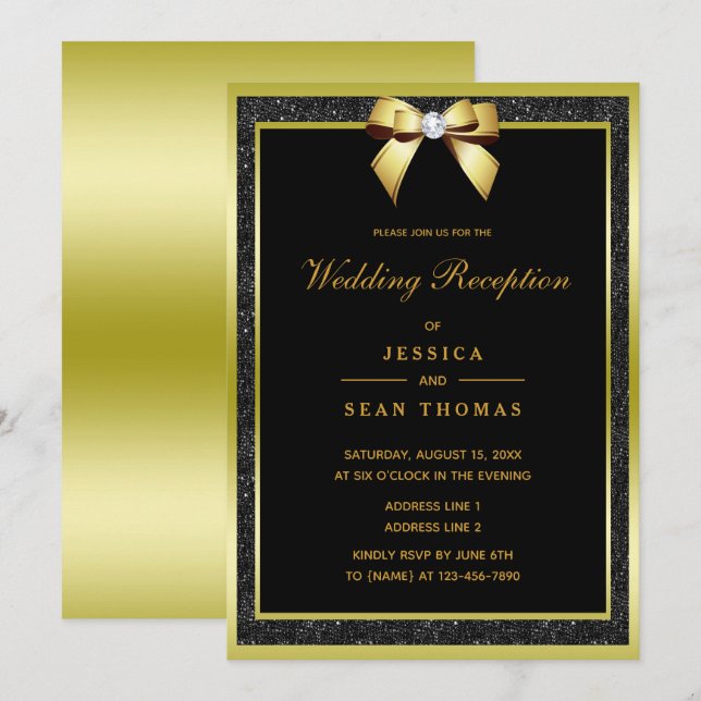 Convites Recepção de Casamento Glam Gold Bow & Black Glitte (Frente/Verso)