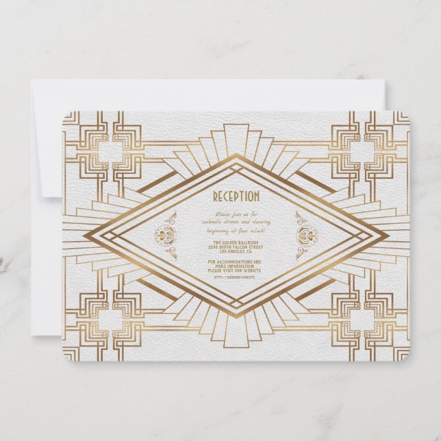 Convites Recepção de Casamento Glam Gold White Great Gatsby (Frente)