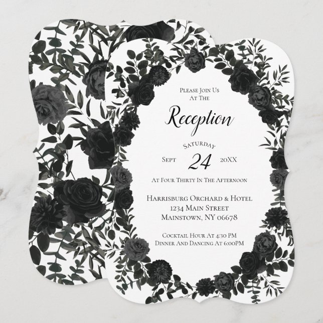 Convites Recepção de casamento Gótica Rosa preto branco (Frente/Verso)