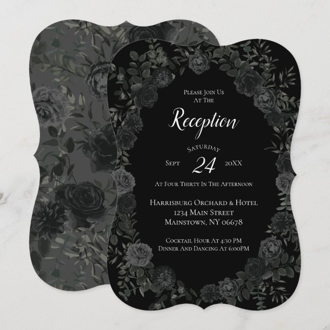 Convites Recepção de Casamento Gótico Rosa Branca e Preta (Frente/Verso)