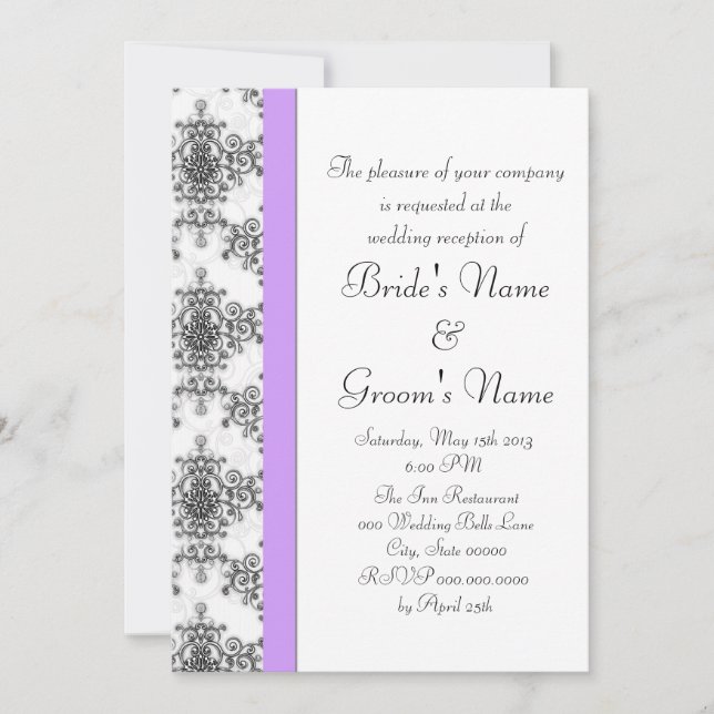 Convites Recepção de Casamento Lavanda Preto Branco Damask (Frente)