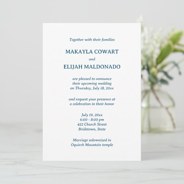 Convites Recepção de casamento Minimalista Azul Espanhol-In (Em pé/Frente)