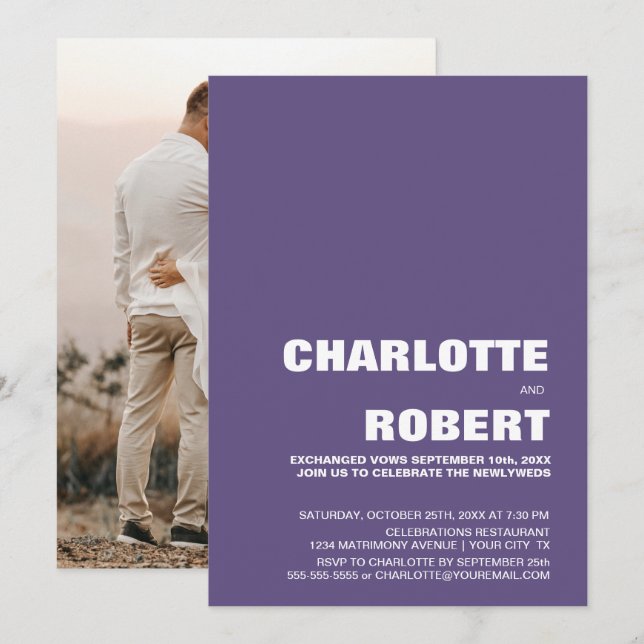 Convites Recepção de Casamento Minimalista Moderno Roxo (Frente/Verso)