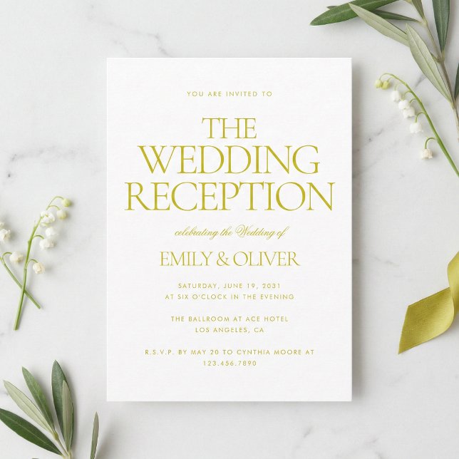 Convites Recepção de Casamento Moderna em Verde Chartreuse (Minimalist lime green stationery with bold serif typography shown in a clean lifestyle setting.)
