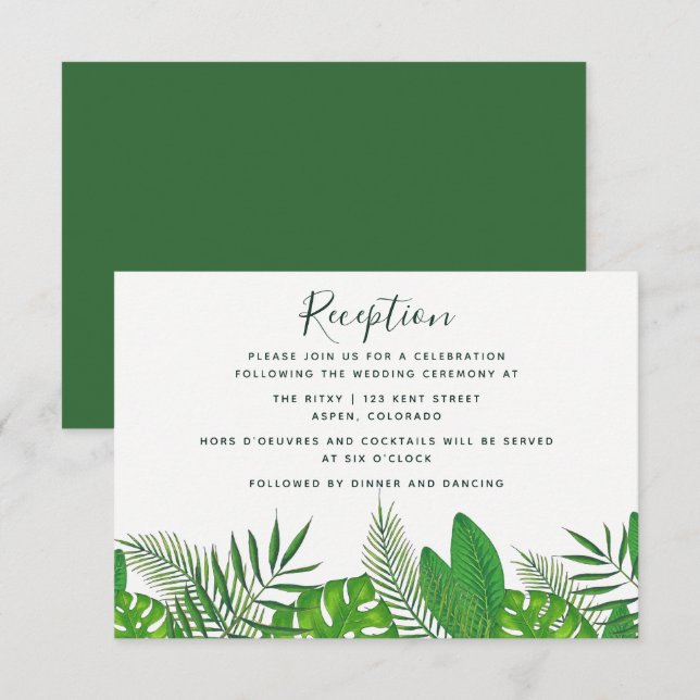 Convites Recepção de Casamento na Praia com Folhas Tropicai (Frente/Verso)