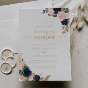 Convites Recepção de Casamento Navy Blush Floral Gold  