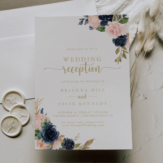 Convites Recepção de Casamento Navy Blush Floral Gold   (Criador carregado)